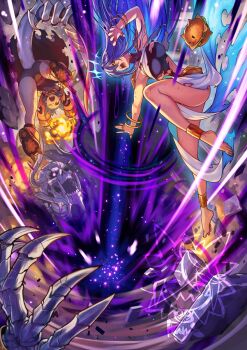 2girls anklet aqua_hair artist_logo barefoot bike_shorts black_sclera blue_hair blue_halo bracelet breasts burger colored_sclera commission dragon_girl dragon_tail explosion fire flat_chest floating food full_body hair_ears halo highres jewelry large_breasts logo long_hair magic mascot monster multiple_girls open_mouth orange_eyes original pyrokinesis ring rumie sharp_teeth short_hair shouting skeleton smile tail teeth tiona toes torn_clothes very_long_hair yellow_eyes zoe_wade