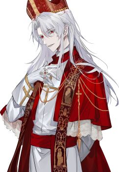 1boy absurdres arm_behind_back bishounen call_of_cthulhu cape capelet chain chinese_commentary cowboy_shot cross crown earrings eyes_visible_through_hair gem glint gloves grey_hair hair_between_eyes hand_on_own_chest hat highres jewelry long_hair long_sleeves looking_at_viewer male_focus mole mole_under_eye multiple_rings necklace nidexintu parted_lips red_cape red_capelet red_eyes red_gemstone red_hat red_sash ring sash shirt sidelocks simple_background smile solo stole white_background white_gloves white_hair white_shirt