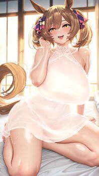 1girl absurdres alternate_costume animal_ears arm_support asdkd123 bare_shoulders barefoot blush bow breasts brown_eyes brown_hair collarbone commentary_request dress hair_bow highres horse_ears horse_girl horse_tail large_breasts looking_at_viewer medium_hair navel open_mouth saliva see-through_clothes sitting sleeveless sleeveless_dress smart_falcon_(umamusume) smile solo sweat tail teeth toes twintails umamusume upper_teeth_only white_dress window yokozuwari