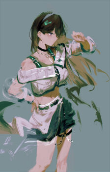 1girl absurdres arm_up bang_dream! bang_dream!_it's_mygo!!!!! black_hair blending blue_background crop_top ear_piercing hand_on_own_hip highres jacket lemtun long_hair navel piercing shiina_taki simple_background solo thigh_strap white_jacket