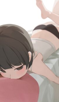 Rule 34 | 1girl, ass, barefoot, black eyes, black hair, black panties, blurry, blurry background, camisole, highres, hiroki (yyqw7151), looking at viewer, lying, on stomach, original, panties, pillow, short hair, soles, solo, thighs, underwear, white camisole