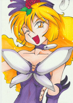 1girl blonde_hair female_focus flower hair_flower hair_ornament hat highres looking_at_viewer mahou_shoujo_pretty_sammy one_eye_closed open_mouth osaka_hanayukiko pixy_misa solo traditional_media upper_body yellow_eyes