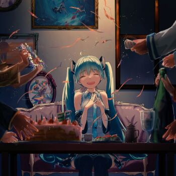 2boys 39 4girls akizakura_mns aqua_eyes aqua_hair aqua_necktie artist_self-insert artist_self-reference bare_shoulders birthday birthday_cake black_dress black_legwear black_skirt black_sleeves bottle cake candle champagne_bottle closed_eyes commentary confetti couch cream cup desert dessert detached_sleeves dress fish flower_wreath food framed_image fruit grey_shirt hair_ornament hatsune_miku holding holding_bottle holding_wreath hoop_skirt indoors jacket kagamine_len kagamine_rin kaito_(vocaloid) long_hair magical_mirai_(vocaloid) magical_mirai_miku magical_mirai_miku_(2018) megurine_luka meiko_(vocaloid) miniskirt mountainous_horizon multiple_boys multiple_girls nail_polish necktie night open_mouth out_of_frame own_hands_together party_popper picture_frame pleated_skirt red_jacket red_nails school_of_fish shinkai_shoujo_(vocaloid) shirt single_sleeve sitting skirt sky sleeveless sleeveless_shirt smile star_(sky) starry_sky steepled_fingers strawberry suna_no_wakusei_(vocaloid) teapot thighhighs twintails underwear very_long_hair vocaloid window yellow_nails