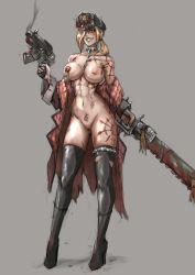 Rule 34 | 1girl, blonde hair, blood, bloody weapon, blush, boots, breasts, chain, chaos (warhammer), cleft of venus, collar, down jacket, full body, grey background, gun, hair over one eye, hat, high heels, holding, holding gun, holding sword, holding weapon, jacket, large breasts, looking down, midriff, military hat, navel, nipple piercing, nude, one eye covered, open clothes, open jacket, piercing, ponytail, pussy, red eyes, scar, scar on arm, scar on breasts, scar on stomach, scar on thigh, sirpetus, slaanesh (symbol), smug, solo, spiked collar, spiked hat, spiked nipple piercing, spiked thighlet, spikes, standing, sword, thighhighs, torn clothes, torn thighhighs, warhammer 40k, weapon