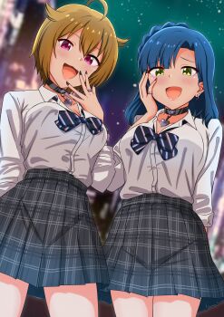 2girls absurdres black_bow black_bowtie black_choker black_nails blue_eyes blurry blurry_background blush bow bowtie breasts brown_hair choker cleavage concept_gyarus_(idolmaster) grey_skirt gyaru heart heart_choker highres ibuki_tsubasa idolmaster idolmaster_million_live! idolmaster_million_live!_theater_days jewelry large_breasts long_hair looking_at_viewer medium_hair mimiu_p multiple_girls nail_polish nanao_yuriko open_mouth plaid_clothes plaid_skirt pleated_skirt purple_eyes ring school_uniform shirt skirt sleeves_rolled_up smile white_shirt yellow_eyes