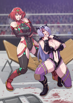 2girls absurdres armor blood bob_cut breasts camilla_(fire_emblem) chest_jewel cirenk cleavage commission fire_emblem fire_emblem_fates headpiece highres large_breasts leotard multiple_girls nintendo purple_hair pyra_(xenoblade) submission_hold swept_bangs thighhighs tiara wrestler wrestling wrestling_boots wrestling_outfit wrestling_ring xenoblade_chronicles_(series) xenoblade_chronicles_2
