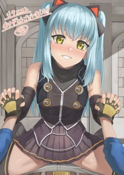 1boy 1girl animal_ears belt black_skirt black_thighhighs blue_hair blush cat_ears commission eiyuu_densetsu fake_animal_ears fingerless_gloves girl_on_top gloves holding_hands lloyd_bannings long_hair looking_at_viewer rourou_ill skeb_commission skirt smile thighhighs tio_plato twintails yellow_eyes zero_no_kiseki