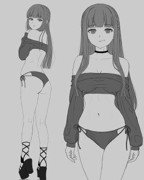 1girl alternate_costume ass bare_shoulders blunt_bangs breasts choker cleavage collarbone commentary english_commentary fern_(sousou_no_frieren) from_behind full_body greyscale high_heels highres josival large_breasts long_hair long_sleeves looking_at_viewer monochrome navel shoes smile sousou_no_frieren stomach