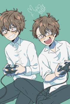 2boys black_pants brown_hair commentary controller dual_persona ear_piercing game_controller glasses green_background grin hachiouji_naoto highres holding holding_controller holding_game_controller ijiranaide_nagatoro-san indian_style male_focus mao_bunny multiple_boys open_mouth pants piercing playing_games red_eyes school_uniform shirt shirt_tucked_in signature sitting sleeves_rolled_up smile sweatdrop symbol-only_commentary untucked_shirt v-shaped_eyebrows white_shirt