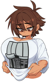Rule 34 | 1girl, :i, ahoge, artist name, breasts, brown eyes, brown hair, cleavage, closed mouth, clothes lift, commentary, english commentary, highres, huge breasts, looking down, no panties, original, pink-chan (artist), reiko kurogane, shirt, short hair, simple background, solo, sugoi dekai, upper body, white background, white shirt