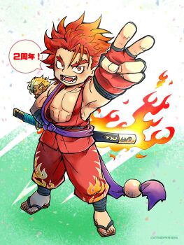 1boy abs fingerless_gloves gloves hirano_(spreadbomb) kazama_kazuki looking_at_viewer male_focus muscular muscular_male open_mouth red_hair samurai_spirits short_hair smile solo speech_bubble spiked_hair v
