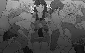 ! 1futa 4girls ? age_difference arm_between_legs awa_subaru breasts choker closed_eyes closed_mouth clothed_sex commentary ebizuka_tomo futa_with_female futanari girls_band_cry greyscale grinding head_hug heart highres hitobashira_(1746164306) hug iseri_nina jacket kawaragi_momoka large_breasts long_sleeves lying medium_breasts mole mole_under_eye monochrome multiple_girls on_back on_side open_clothes open_jacket open_mouth panties panty_pull pantyhose penis pussy revision rupa_(girls_band_cry) shirt short_hair sidelocks size_difference skirt sleep_molestation sleeping snake spoken_heart spoken_question_mark sweater symbol-only_commentary third_wheel trembling uncensored underwear vaginal yuri