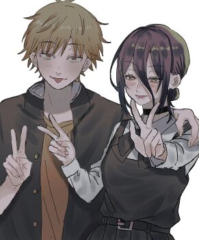 1boy 1girl arm_around_shoulder belt black_belt black_choker black_dress black_jacket black_ribbon blonde_hair blush breasts chainsaw_man choker collared_shirt couple denji_(chainsaw_man) double_v dress gakuran green_eyes hair_between_eyes hair_bun hetero highres jacket kumaaaamiiii medium_breasts medium_hair neck_ribbon official_alternate_costume open_mouth orange_shirt pinafore_dress purple_hair red_eyes reze_(chainsaw_man) ribbon school_uniform shirt shirt_under_dress short_hair sleeveless sleeveless_dress smile tongue tongue_out updo upper_body v white_background white_shirt