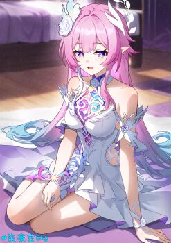 1girl absurdres artist_name bare_shoulders bed blue_hair blurry blurry_background breasts commentary_request cyrene_(demiurge)_(honkai:_star_rail) cyrene_(honkai:_star_rail) detached_sleeves diamond-shaped_pupils diamond_(shape) dress full_body gradient_hair hair_ornament highres honkai:_star_rail honkai_(series) indoors long_hair looking_at_viewer medium_breasts multicolored_hair on_floor open_mouth pink_hair pointy_ears purple_eyes qi_ye_zhu_sky sitting solo symbol-shaped_pupils variant_set very_long_hair white_dress yokozuwari