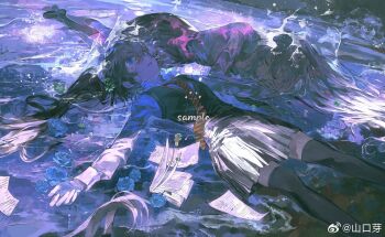 2girls black_socks black_thighhighs black_vest blood blue_eyes blue_flower blue_hair blue_rose brown_hair closed_eyes collared_shirt crying flower hair_ornament highres hogwarts_school_uniform long_hair long_sleeves lying lying_on_water multiple_girls necktie on_back original parted_lips partially_submerged pink_blood pleated_skirt red_necktie rose sample_watermark school_uniform shankouya shirt shoes side_ponytail skirt socks streaming_tears sweater_vest tears thighhighs very_long_hair vest water watermark waves weibo_username weibo_watermark wet wet_clothes white_shirt