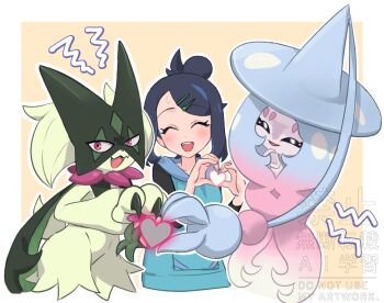 1girl black_hair black_shirt blue_hoodie commentary_request facing_viewer gen_8_pokemon hair_bun hair_ornament hairclip hatterene heart heart_hands heart_hands_duo hood hoodie liko_(pokemon) looking_at_viewer meowscarada nintendo nm222 open_mouth pokemon pokemon_(anime) pokemon_(creature) pokemon_horizons shirt short_hair sleeveless sleeveless_hoodie sweatdrop teeth upper_body upper_teeth_only