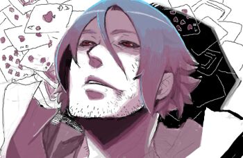 1boy bantrain black_sclera card clubs colored_sclera diamonds facial_hair gambit heart male_focus marvel playing_card red_eyes sketch solo spade stubble togatsuko x-men