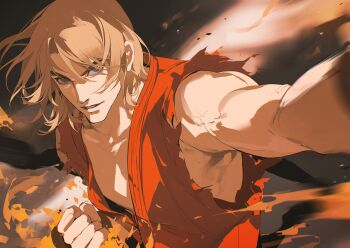 1boy bare_pectorals black_gloves blonde_hair blue_eyes chongzhen_085 clenched_hand closed_mouth collarbone commentary curtained_hair dougi fingerless_gloves fire gloves hair_behind_ear hashtag-only_commentary highres ken_masters looking_to_the_side male_focus outstretched_arm parted_lips pectorals pyrokinesis red_dougi smile solo street_fighter street_fighter_zero_(series) teeth torn_clothes torn_sleeves upper_body