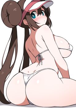 Rule 34 | 1girl, areola slip, ass, bikini, blue eyes, blush, breasts, brown hair, closed mouth, donut hair bun, double bun, ecgg (tsuji418477), hair bun, highres, huge breasts, looking at viewer, micro bikini, nintendo, pokemon, pokemon bw2, rosa (pokemon), sideboob, simple background, sitting, solo, swimsuit, twintails, visor cap, white background, white bikini