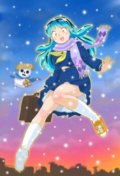 1girl aqua_hair blue_cloak blue_serafuku blue_skirt briefcase cloak commentary_request cone_horns floating fringe_trim full_body highres holding holding_briefcase horns layered_skirt long_hair looking_down lum midriff_peek mizutani_kenta neckerchief open_mouth orange_eyes orange_shoes pleated_skirt purple_scarf sandogasa scarf school_briefcase school_uniform serafuku shoes skirt skyline smile sneakers snowing snowman socks solo teeth upper_teeth_only urusei_yatsura vertical-striped_cloak white_socks yellow_neckerchief