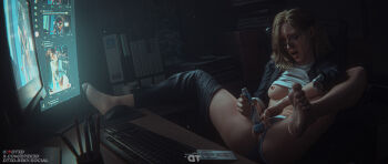 1girl 3d at_computer barefoot blender_(medium) blonde_hair breasts clothes_lift clothing_aside computer desk dt3d dtee feet female_masturbation grace_ashcroft highres hitachi_magic_wand masturbation medium_breasts monitor nipples panties panties_aside pants_around_one_leg pornography pussy resident_evil resident_evil_requiem sex_toy shirt_lift solo spread_legs toe_scrunch underwear vibrator