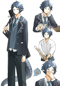 Rule 34 | 1boy, absurdres, arknights, arm at side, black jacket, black pants, blazer, blue hair, blue necktie, buttons, closed mouth, collared shirt, commentary, covered mouth, covering own mouth, grey eyes, grey vest, highres, holding, holding strap, holding sword, holding weapon, jacket, japanese clothes, jewelry, kendo, kimono, lapels, long sleeves, looking at viewer, male focus, multiple views, necktie, open clothes, open jacket, pants, parted bangs, pointy ears, rhodes island logo (arknights), ring, school uniform, shinai, shirt, short hair, simple background, standing, sword, unbuttoned, unbuttoned jacket, vest, weapon, white background, white kimono, white shirt, yagi000, zuo le (arknights)