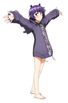 1girl absurdres arms_up barefoot blunt_bangs commentary ddolbang drawstring english_commentary full_body highres hololive hololive_english light_smile long_sleeves looking_at_viewer ninomae_ina'nis ninomae_ina'nis_(loungewear) official_alternate_costume oversized_sweater pointy_ears purple_hair purple_hood solo standing sweater transparent_background virtual_youtuber wide_shot