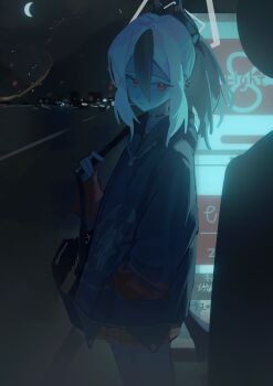 1girl absurdres ad_(object) android_(blue_archive) backpack bag black_choker black_hair black_hoodie black_horns black_sky blue_archive choker commentary crescent_moon dark demon_horns demon_wings from_side grey_halo hair_between_eyes halo hand_in_pocket highres holding_strap hood hoodie horns kayoko_(blue_archive) long_sleeves looking_to_the_side low_wings miniskirt mole mole_on_neck moon multicolored_hair night outdoors paplife ponytail red_eyes red_skirt road single_wing skirt sky solo_focus two-tone_hair white_hair wings