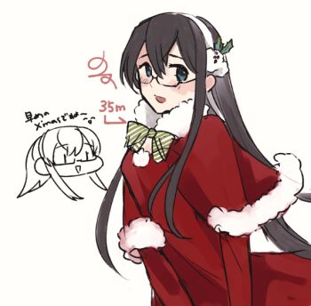 1girl black_hair bow bowtie capelet commentary_request cowboy_shot dress fur-trimmed_capelet fur_trim glasses green_bow green_bowtie green_eyes head_only kantai_collection long_hair multiple_views nishi_no_name official_alternate_costume one-hour_drawing_challenge ooyodo_(christmas)_(kancolle) ooyodo_(kancolle) red_capelet red_dress semi-rimless_eyewear under-rim_eyewear white_hair