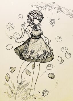 Rule 34 | 1girl, aki minoriko, apple, apron, banana, barefoot, choker, closed mouth, commentary request, food, fruit, full body, ginkgo leaf, grape hat ornament, grapes, hat, highres, leaf, light smile, long sleeves, looking at viewer, maple leaf, persimmon, ribbon choker, shirt, short hair, skirt, solo, sweet potato, toes, touhou, traditional media, wide sleeves, wu yu wanwan