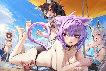 Rule 34 | 4girls, :3, ahoge, animal ear fluff, animal ears, arm up, ass, bare legs, barefoot, beach, beach mat, beach umbrella, belt collar, bikini, black bikini, black collar, black hair, blue bikini, blue skirt, blue sky, blush, braid, breasts, brown eyes, brown hair, cat ears, cat girl, cat tail, closed eyes, cloud, collar, commentary, crab, crossed bangs, day, dog ears, dog girl, dog tail, english commentary, fang, feet, feet up, flower, flying sweatdrops, food, food bite, fox ears, fox girl, fox tail, front-tie top, grey hair, hair between eyes, hair flower, hair ornament, highres, holding, holding food, holding popsicle, hololive, hololive gamers, inugami korone, large breasts, leaf print, light rays, long braid, looking to the side, lying, maple leaf print, medium breasts, multicolored hair, multiple girls, navel, nekomata okayu, o-ring, o-ring bikini, o-ring bottom, on stomach, ookami mio, ookami mio (hololive summer 2019), open mouth, outdoors, ponytail, popsicle, purple eyes, purple hair, red flower, red hair, shirakami fubuki, short hair, shorts, side-tie bikini bottom, signature, skirt, sky, smile, soles, standing, standing on one leg, streaked hair, string bikini, sunbeam, sunlight, sweat, swimsuit, tail, the pose, toes, umbrella, untied bikini, untied bikini top, virtual youtuber, waving, white shorts, wolf ears, wolf girl, wszkii, yellow bikini, yellow eyes