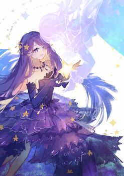 2girls bare_shoulders blonde_hair blunt_ends breasts cat_princess chinese_commentary collarbone colored_inner_hair commentary_request dress dual_persona elbow_gloves face-to-face feet_out_of_frame floating_clothes floating_hair frilled_shirt frilled_skirt frills gloves gown hair_ornament hair_ribbon heads_together highres infinity_nikki jewelry long_dress long_hair long_sleeves looking_at_another low_twintails making-of_available medium_breasts multicolored_hair multiple_girls necklace nikki_(nikki) nikki_(series) object_floating_above_hand off-shoulder_shirt off_shoulder perfect_start_(infinity_nikki) purple_dress purple_eyes purple_gloves purple_hair ribbon sharing shirt sideboob signature simple_background skirt space_print standing star_(symbol) star_hair_ornament star_necklace star_sea_(nikki) starry_sky_print strapless strapless_dress twintails two-sided_dress two-sided_fabric two-tone_hair very_long_hair white_background