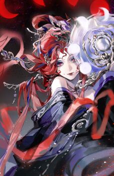 Rule 34 | 1girl, absurdres, bare shoulders, black background, black hanfu, blue eyeshadow, chinese clothes, chinese commentary, chinese hairpin, closed mouth, commentary request, cowboy shot, eyeshadow, folding fan, hair flowing over, hair ornament, hair rings, hairpin, half updo, hand fan, hanfu, highres, holding, holding fan, infinity nikki, jewelry, light particles, lipstick, long hair, long sleeves, makeup, moon, moon phases, multicolored hair, multiple hairpins, necklace, nikki (series), official alternate color, red eyes, red hair, red lips, red moon, red ribbon, ribbon, sleeves past wrists, solo, standing, streaked hair, very long hair, where wanxiang weaves life (infinity nikki), wide sleeves, wo zhende buxiangzuo diaoyan le