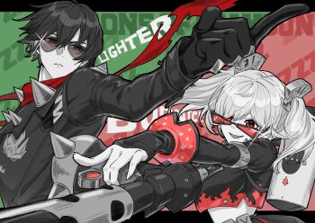 Rule 34 | 1boy, 1girl, black gloves, black jacket, black skirt, boots, breasts, burnice white, flamethrower, gloves, highres, jacket, kikka 0141, lighter (zenless zone zero), limited palette, looking at viewer, open mouth, pleated skirt, pointing, red eyes, short twintails, skirt, sunglasses, twintails, weapon, zenless zone zero