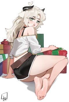 Rule 34 | 1girl, absurdres, arm support, bandaid, bandaid on knee, bandaid on leg, bare legs, bare shoulders, barefoot, belt, black choker, black horns, black shorts, blush, brown belt, censored, censored feet, choker, christmas present, closed mouth, commentary, crop top, english commentary, eyelashes, fake censor, feet, from side, full body, gift, gold trim, green eyes, grey hair, heart, highres, horns, l4wless, legs, lips, long hair, looking at viewer, low-tied long hair, mosaic censoring, off-shoulder shirt, off shoulder, original, parted bangs, shirt, short shorts, shorts, sidelocks, signature, simple background, sitting, soles, solo, thighs, toes, white background, white shirt
