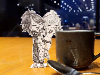 Rule 34 | 2girls, alternate breast size, amemiya nazuna, amemiya nazuna (1st costume), breasts, carrying, chest sarashi, closed eyes, collar, corrupted twitter file, crop top, cup, gloves, graphite (medium), greyscale, hat, highres, jqhnharqld, kson, licking, long coat, lowleg, lowleg shorts, midriff, monochrome, mug, multiple girls, navel, pants, paper child, photo (medium), ponytail, print pants, puffy pants, sarashi, short shorts, shorts, small breasts, smile, souchou, spoon, tongue, tongue out, traditional media, unconventional media, virtual youtuber, vshojo