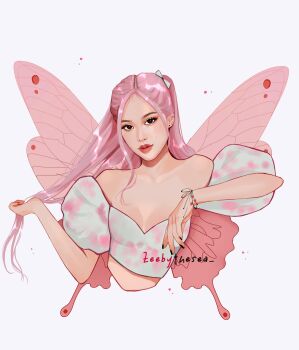 1girl arm_up asian black_nails blackpink bracelet breasts brown_eyes bustier butterfly_wings closed_mouth cropped_torso detached_sleeves eyelashes forehead green_bustier hair_flip highres insect_wings jewelry light_particles long_hair looking_at_viewer medium_breasts mole mole_on_cheek nail_polish parted_bangs pink_hair pink_wings puffy_detached_sleeves puffy_sleeves rose_(blackpink) strapless thick_eyebrows thick_lips twitter_username two-tone_bustier two-tone_sleeves two_side_up upper_body white_background wings zeebythesea