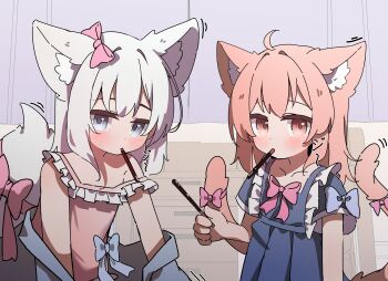 2girls absurdres ahoge animal_ear_fluff animal_ears blue_bow blue_dress blue_eyes blue_jacket bow brown_eyes brown_hair camisole dress dress_bow flat_chest food food_in_mouth fox_ears fox_girl fox_tail frilled_camisole frilled_dress frills hair_bow highres holding holding_food holding_pocky jacket medium_hair moepu. motion_lines mouth_hold multiple_girls multiple_tails open_clothes open_jacket original pink_bow pink_camisole pocky pocky_in_mouth short_sleeves sound_effects strap_slip tail tail_bow tail_ornament two_tails white_hair