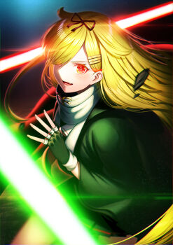 1girl black_cape black_gloves black_ribbon black_serafuku black_skirt blonde_hair cape commentary_request cosplay darth_vader darth_vader_(cosplay) fang female_focus fingerless_gloves fingernails gloves glowing glowing_eye hair_flaps hair_ornament hair_ribbon hairclip kantai_collection long_hair neckerchief open_mouth pleated_skirt red_eyes red_neckerchief ribbon scarf school_uniform serafuku skirt solo star_wars unowen white_scarf yuudachi_(kancolle)
