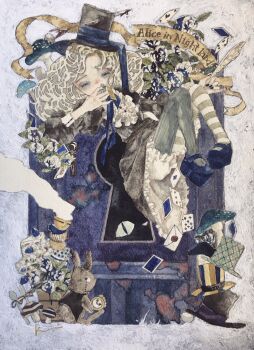 1girl acrylic_paint_(medium) blonde_hair blue_eyes bow card clock commentary_request curly_hair dress english_text fantasy floating flower full_body gloves hat highres indoors karintoun keyhole long_hair mary_janes mushroom original painting_(medium) patterned_background rabbit ribbon shoes signature simple_background sitting socks striped_clothes striped_socks surreal teapot top_hat traditional_media watercolor_(medium)