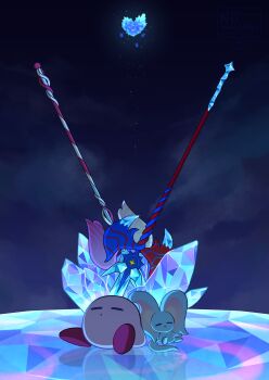absurdres closed_eyes commentary_request crystal elfilin heart highres kirby kirby_(series) kirby_and_the_forgotten_land kujiramaru nintendo no_humans notched_ear planted planted_polearm polearm reflective_floor spear star-crossed_world starry_(kirby) weapon
