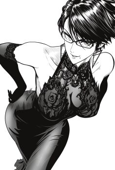 1girl absurdres bare_shoulders bayonetta bayonetta_(series) bayonetta_2 breasts commentary dress earrings elbow_gloves english_commentary glasses gloves greyscale highres jewelry large_breasts looking_at_viewer mole mole_under_mouth monochrome mostlybluewyatt parted_lips rectangular_eyewear short_hair smile solo
