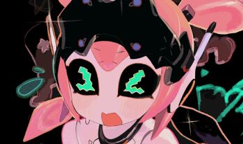 >_< 1girl aria_(zenless_zone_zero) black_background blush closed_eyes commentary facing_viewer flying_sweatdrops green_eyes humanoid_robot open_mouth pink_hair portrait robot robot_girl small_sweatdrop solo usa37107692 zenless_zone_zero
