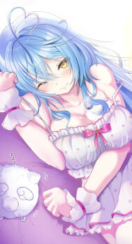 1girl ahoge armpit_crease bare_shoulders bed blue_hair blush breasts camisole cleavage closed_mouth collarbone commentary_request elf frilled_wrist_cuffs frills hair_between_eyes hair_ornament heart heart_ahoge highres hololive indoors large_breasts lying official_alternate_costume official_alternate_hair_length official_alternate_hairstyle on_side one_eye_closed pointy_ears polka_dot polka_dot_camisole polka_dot_skirt skirt sleepwear solo virtual_youtuber white_camisole white_skirt white_wrist_cuffs wrist_cuffs yappy_(yapis_company) yellow_eyes yukihana_lamy yukihana_lamy_(roomwear) yukimin_(yukihana_lamy)