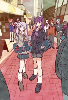 5girls 6+boys alternate_costume alternate_hairstyle bag beard black_cardigan black_coat black_necktie black_pants black_shoes black_skirt blazer blue_cardigan blue_hair blue_vest bow bowtie breasts brown_bow brown_bowtie brown_hair brown_shoes butterfly_hair_ornament cardigan cellphone character_doll city closed_mouth coat commentary contemporary denken_(sousou_no_frieren) doll double_bun earrings ehre_(sousou_no_frieren) eisen_(sousou_no_frieren) elbow_on_another's_shoulder elf eyelashes facial_hair fern_(sousou_no_frieren) flip_phone frieren full_body green_eyes green_hair grey_cardigan grey_hair grey_pants grey_skirt gyaru hair_bun hair_ornament hair_slicked_back hairclip heiter highres himmel_(sousou_no_frieren) holding holding_phone jacket jewelry land_(sousou_no_frieren) laufen_(sousou_no_frieren) light_smile loafers long_hair looking_at_viewer loose_socks mimic mimic_chest miniskirt monocle multiple_boys multiple_girls nail_polish necktie orange_hair pants phone pink_nails plaid_bow plaid_bowtie plaid_clothes plaid_pants plaid_skirt pleated_skirt pointy_ears pom_pom_(clothes) pom_pom_hair_ornament ponytail purple_bow purple_bowtie purple_eyes purple_hair purple_nails purple_scarf red_cardigan red_hair richter_(sousou_no_frieren) scarf scharf_(sousou_no_frieren) school_bag shirt shoes shopping_bag short_eyebrows skirt sleeves_past_wrists small_breasts socks sousou_no_frieren standing straight_hair takeuchi_ryousuke thick_eyebrows treasure_chest twintails ubel_(sousou_no_frieren) v vest white_jacket white_shirt white_socks wirbel_(sousou_no_frieren)