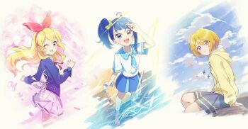 Rule 34 | 1girl, 3girls, aikatsu!, aikatsu! (series), barefoot, blonde hair, blouse, blue eyes, blue hair, blue neckerchief, blue sailor collar, blue shirt, blue skirt, blue sky, bow, closed mouth, cloud, cloudy sky, crossover, cut bangs, day, drawstring, grey skirt, hair bow, hair ribbon, highres, hirogaru sky! precure, holding, holding sock, holding unworn clothes, hood, hood down, hoodie, hoshimiya ichigo, hugtto! precure, in-franchise crossover, kagayaki homare, l'avenir academy school uniform, long hair, looking at viewer, medium hair, miniskirt, multiple girls, neckerchief, one eye closed, open mouth, outdoors, pleated skirt, precure, red eyes, red ribbon, ribbon, rice rabbit22, sailor collar, school uniform, shading eyes, shirt, short sleeves, side ponytail, single sidelock, sitting, skirt, sky, smile, socks, solo, sora harewataru, sorashido academy school uniform, standing, unworn socks, wading, white shirt, white skirt, yellow bow, yellow eyes, yellow hoodie