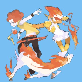 1boy afro armband belt black_pants blue_background blue_eyes commentary_request fire gen_1_pokemon gen_4_pokemon horns horse infernape looking_ahead lowres male_focus midriff monkey nintendo outstretched_arms pants poke_ball poke_ball_(basic) pokemon pokemon_(creature) pokemon_dppt rapidash red_belt red_hair sentakki shirt short_sleeves simple_background single_horn smile standing v-shaped_eyebrows yellow_shirt