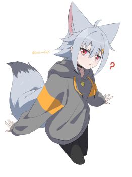 Rule 34 | 1girl, :o, ?, animal ear fluff, animal ears, black pantyhose, choker, commentary, cropped legs, extra ears, flat chest, fox ears, fox girl, fox tail, grey hair, grey hoodie, hair between eyes, hair ornament, hairclip, head tilt, highres, hood, hood down, hoodie, minowa sukyaru, miwa kitsune-chan, open mouth, original, pantyhose, red eyes, short hair, sidelocks, simple background, sleeves past wrists, solo, tail, twitter username, untranslatable commentary, white background