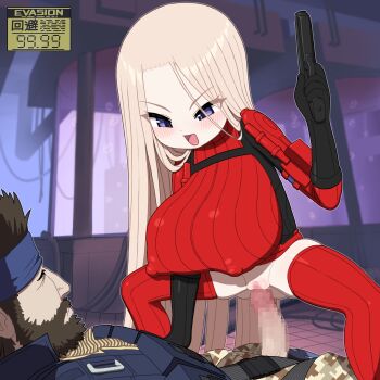 1boy 1girl assertive_female blonde_hair blue_eyes blush bottomless breasts cowgirl_position cromachina female_pervert femdom gloves gun handgun huge_breasts loli metal_gear_(series) metal_gear_acid metal_gear_acid_2 oppai_loli penis pervert pussy rape role_reversal sex size_difference sleeping spread_legs squatting straddling thighhighs vaginal venus_(mga) weapon