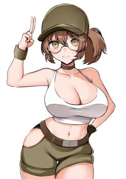 1girl black_choker breasts brown_eyes brown_hair choker cleavage closed_mouth clothing_cutout collarbone commentary english_commentary fio_germi glasses green_shorts hat highres hip_vent metal_slug midriff navel panpanmc4 second-party_source short_hair shorts smile solo thigh_gap white_background